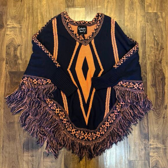 Fantastic Fawn Poncho Shirt Women's Large Oversized Sweater Orange Blue Black - Picture 1 of 5